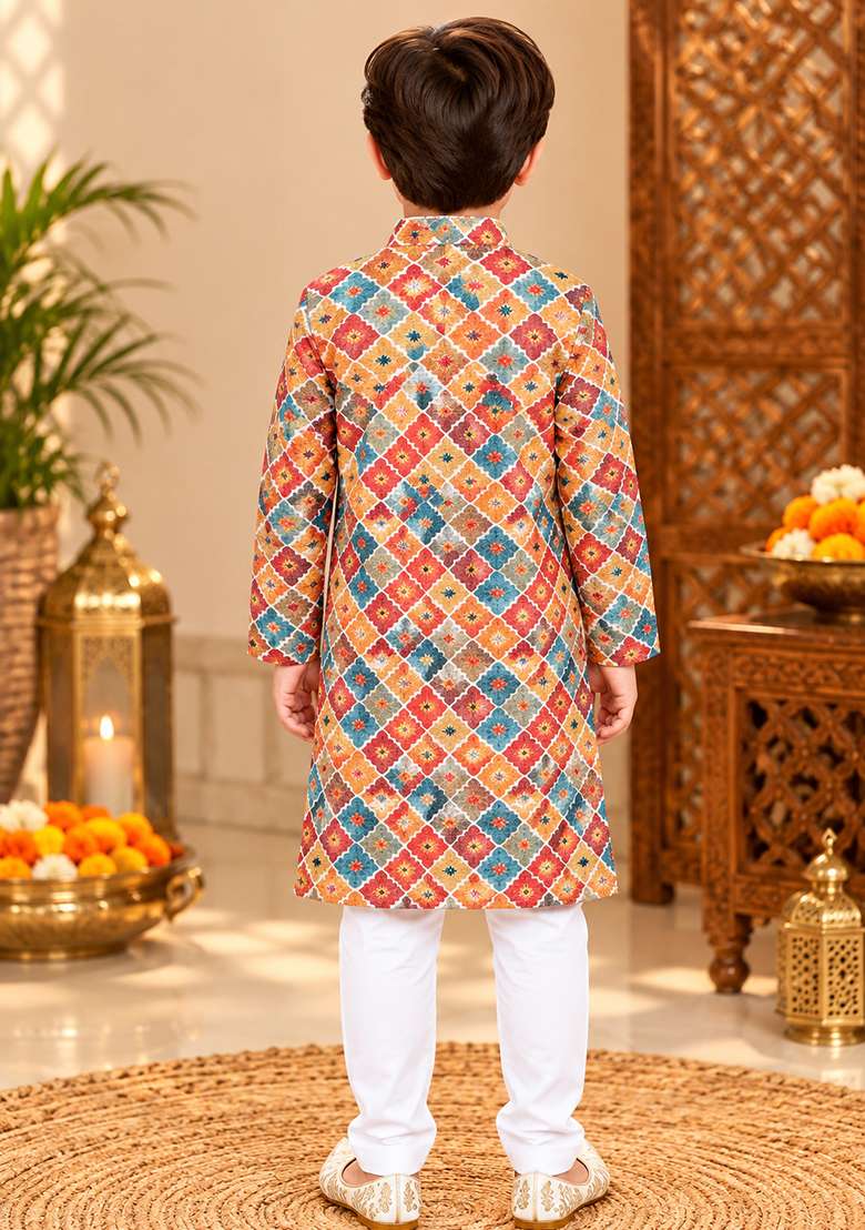 Multicolor Printed Cotton Kurta Set For Boys - Indya