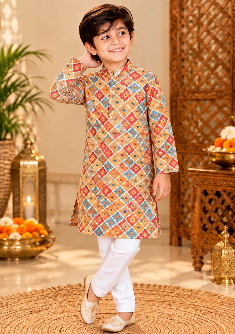 Multicolor Printed Cotton Kurta Set For Boys - Indya