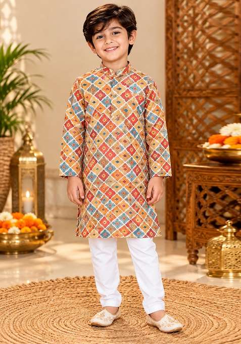 Multicolor Printed Cotton Kurta Set For Boys