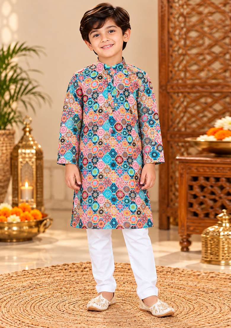 Multicolor Printed Cotton Kurta Set For Boys - Indya