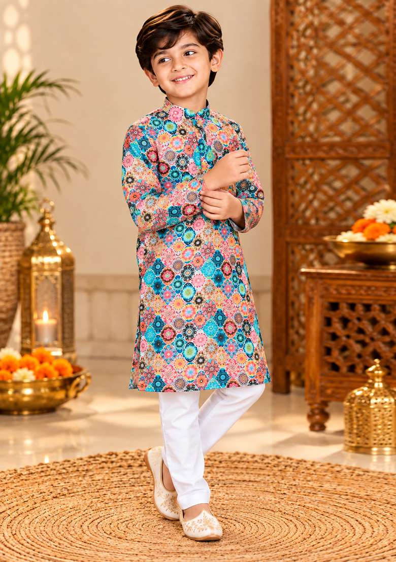 Multicolor Printed Cotton Kurta Set For Boys - Indya