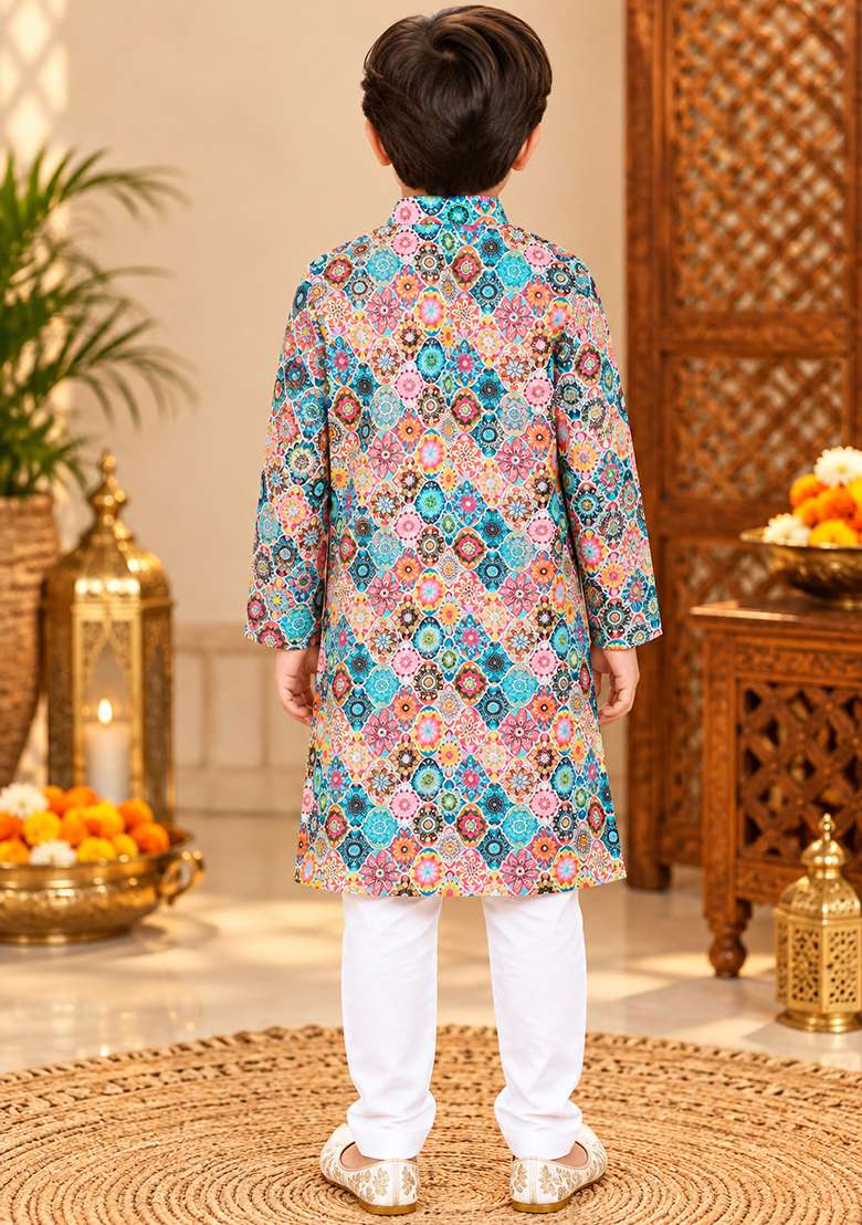 Multicolor Printed Cotton Kurta Set For Boys - Indya