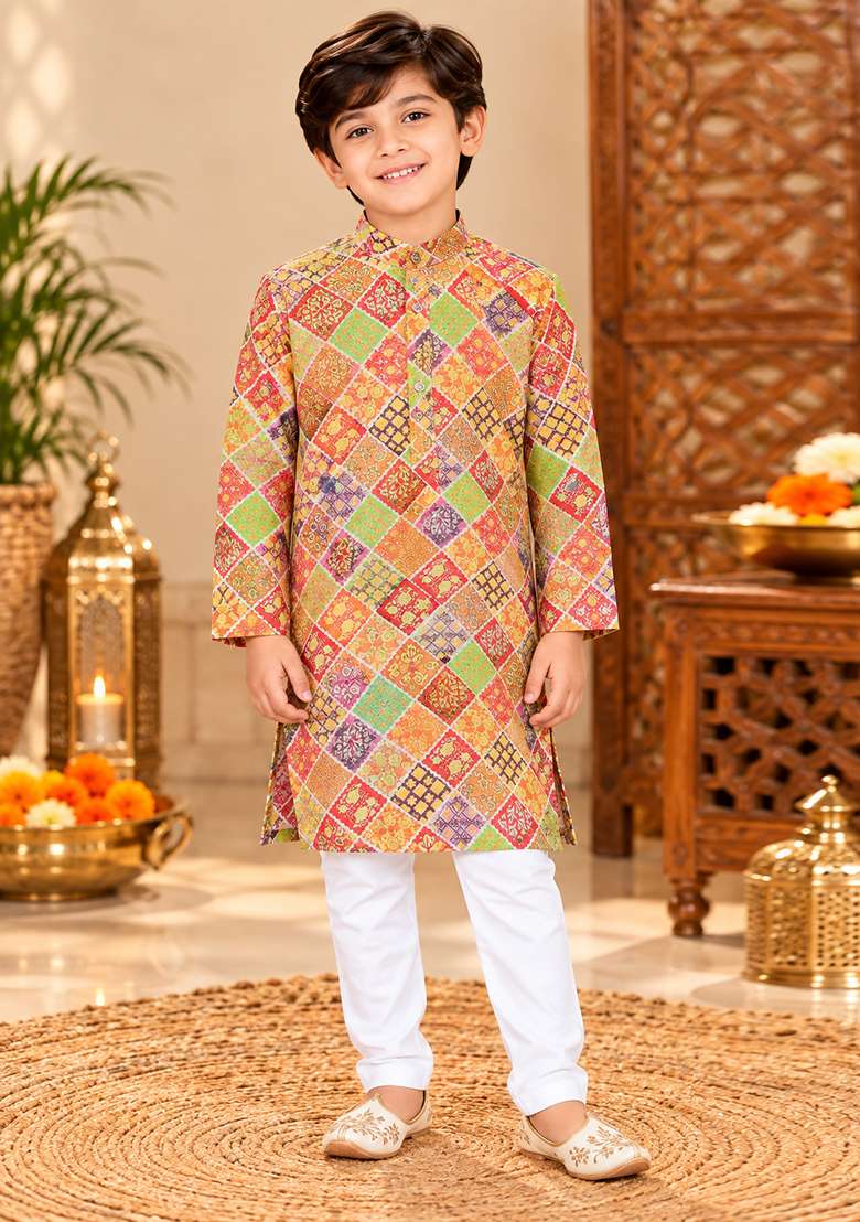 Multicolor Printed Cotton Kurta Set For Boys - Indya