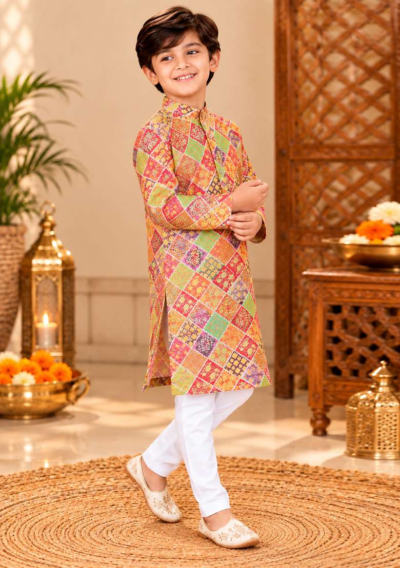 Multicolor Printed Cotton Kurta Set For Boys - Indya