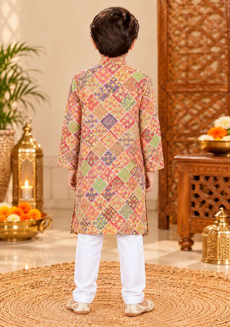 Multicolor Printed Cotton Kurta Set For Boys - Indya