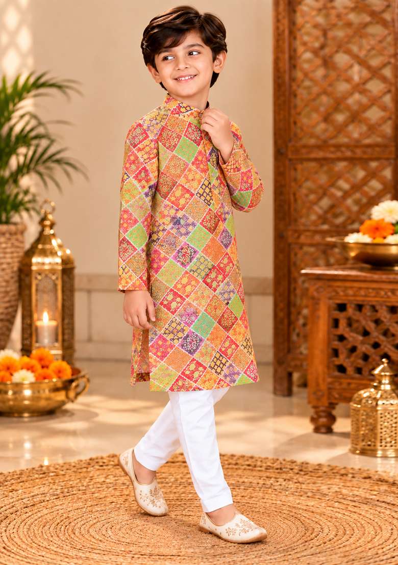 Multicolor Printed Cotton Kurta Set For Boys - Indya
