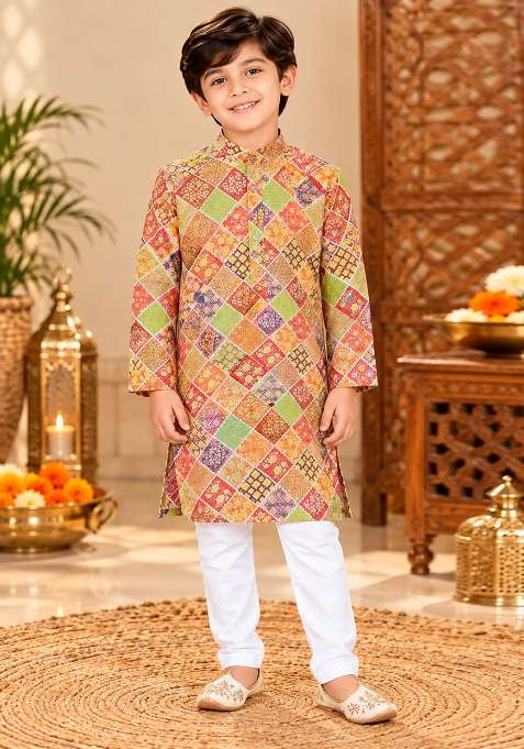 Multicolor Printed Cotton Kurta Set For Boys