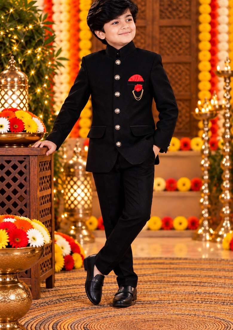 Black Solid Polyester Suit Set For Boys - Indya