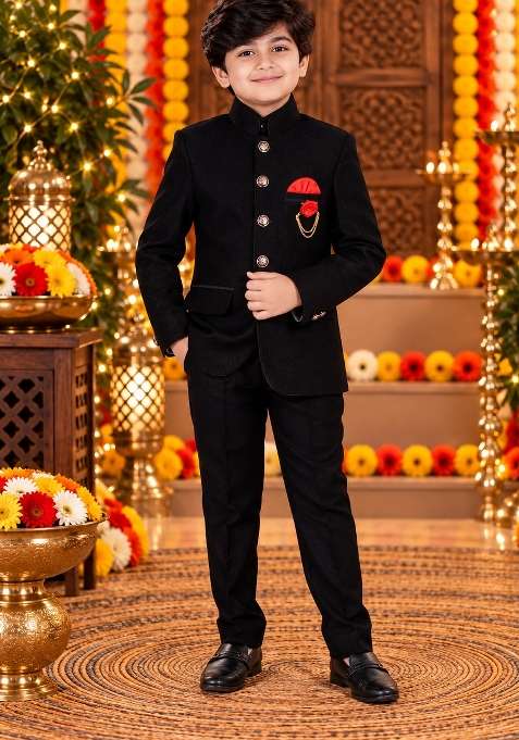 Black Solid Polyester Suit Set For Boys
