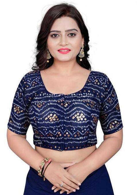 Navy Blue Embroidered Dola Silk Padded Blouse