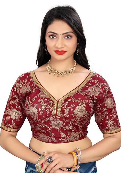 Maroon Embroidered Dola Silk Padded Blouse