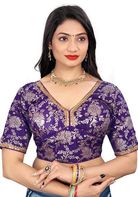 Purple Embroidered Dola Silk Padded Blouse