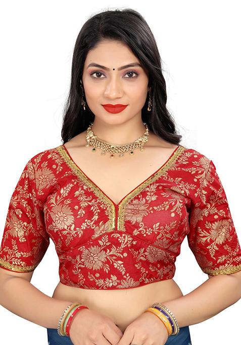 Red Embroidered Dola Silk Padded Blouse