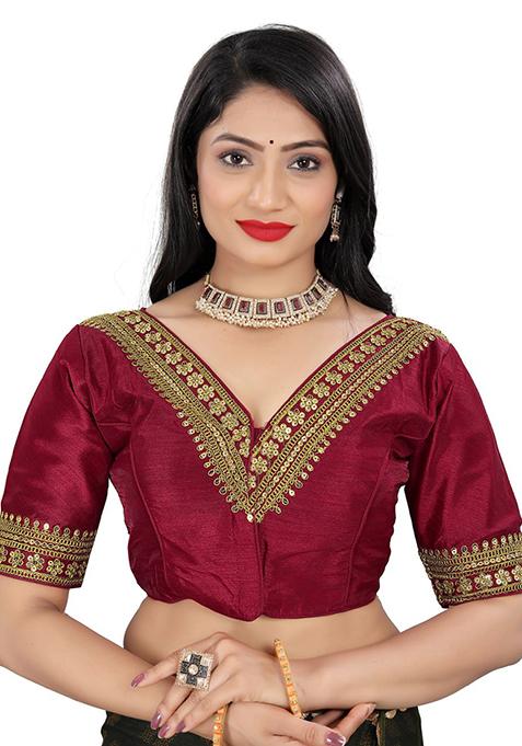 Maroon Embroidered Bangalori Silk Padded Blouse