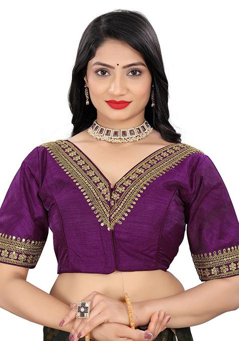 Purple Embroidered Bangalori Silk Padded Blouse