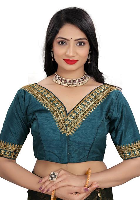 Teal Embroidered Bangalori Silk Padded Blouse