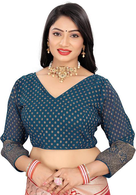 Petrol Blue Embroidered Georgette Padded Blouse