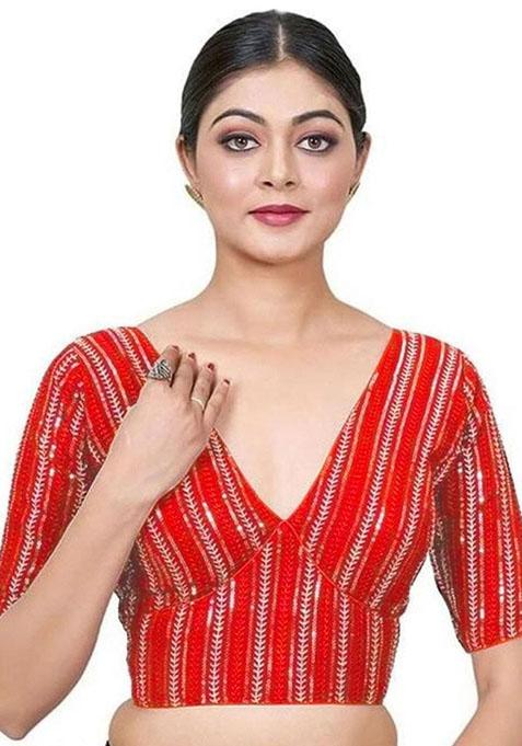 Red Embroidered Georgette Padded Blouse