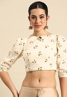 Off White Sequin Embroidered Poly Blend Blouse