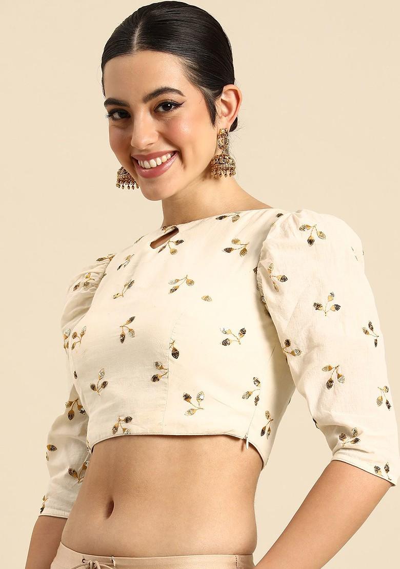 Off White Sequin Embroidered Poly Blend Blouse