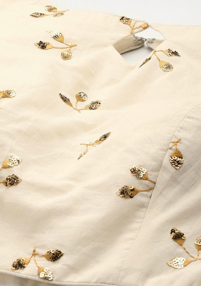 Off White Sequin Embroidered Poly Blend Blouse
