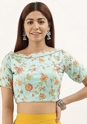 Blue Floral Print Embroidered Poly Blend Blouse