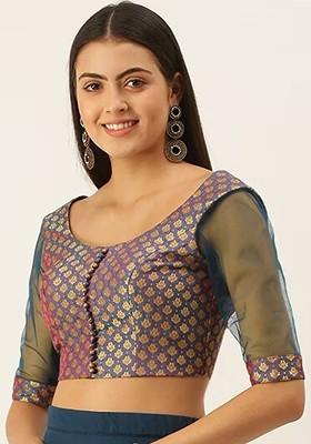 Blue Jacquard Poly Blend Blouse