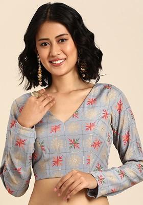Blue Floral Foil Print Poly Blend Blouse