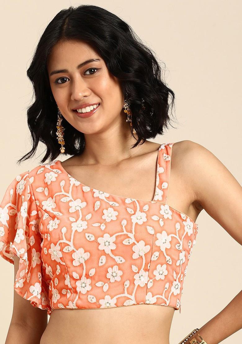 Peach Sequin Embroidered Poly Blend Blouse
