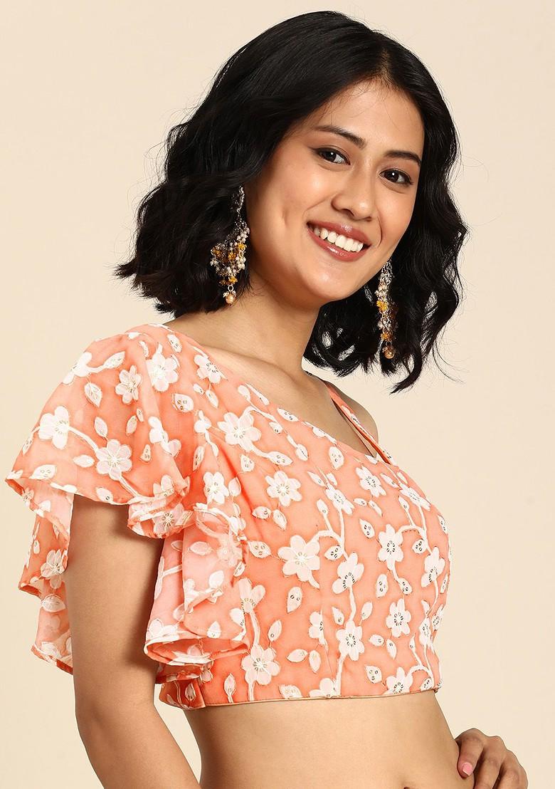 Peach Sequin Embroidered Poly Blend Blouse