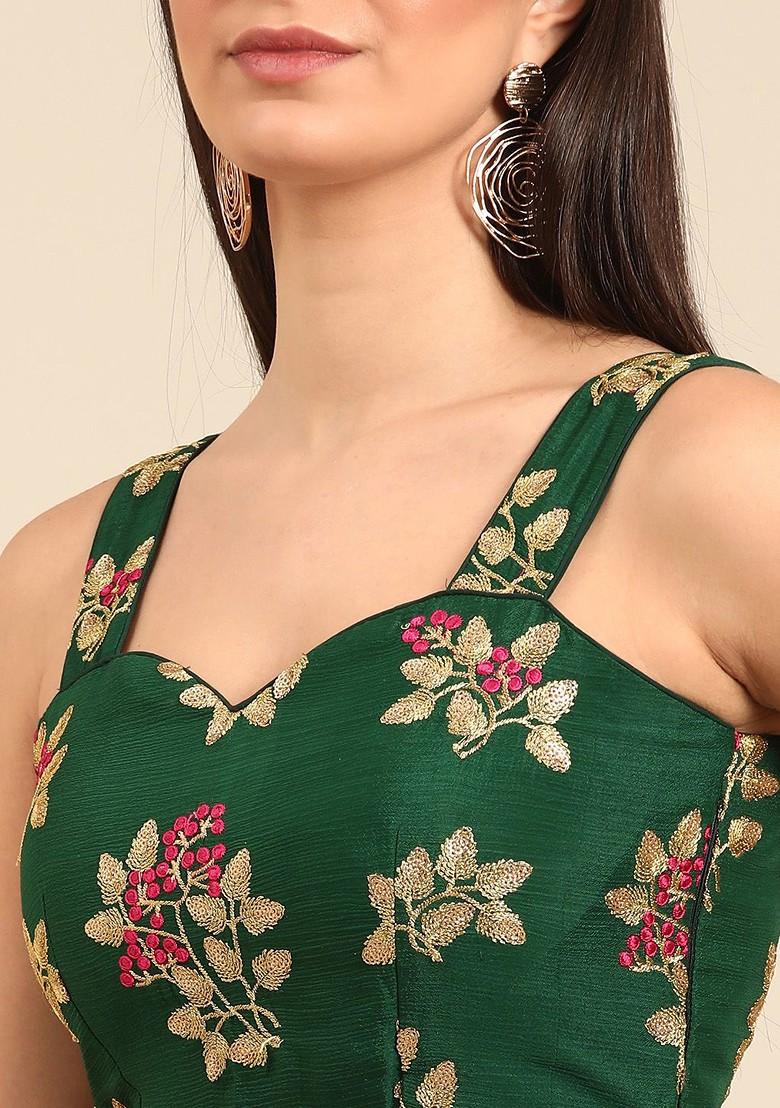 Green Floral Embroidered Poly Blend Blouse