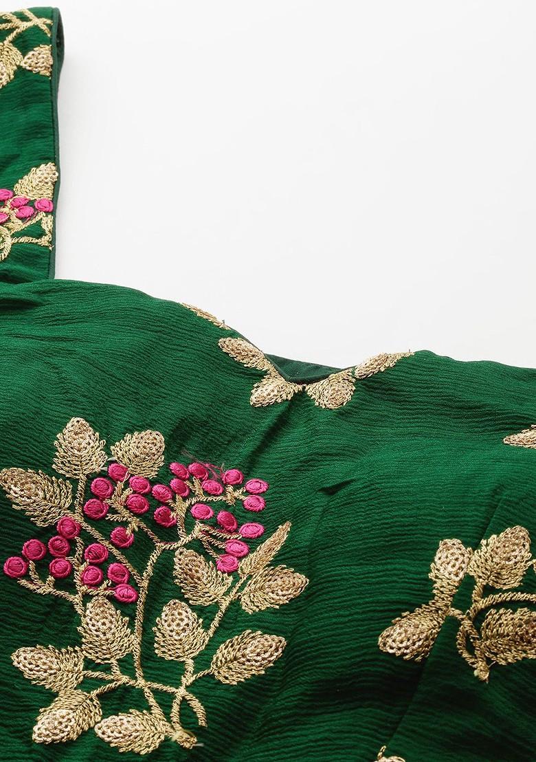 Green Floral Embroidered Poly Blend Blouse