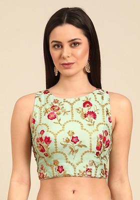 Blue Sequin Embroidered Poly Blend Blouse