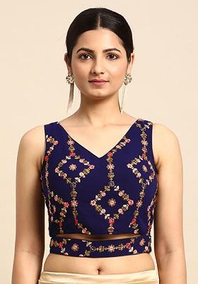 Blue Sequin Embroidered Poly Blend Blouse