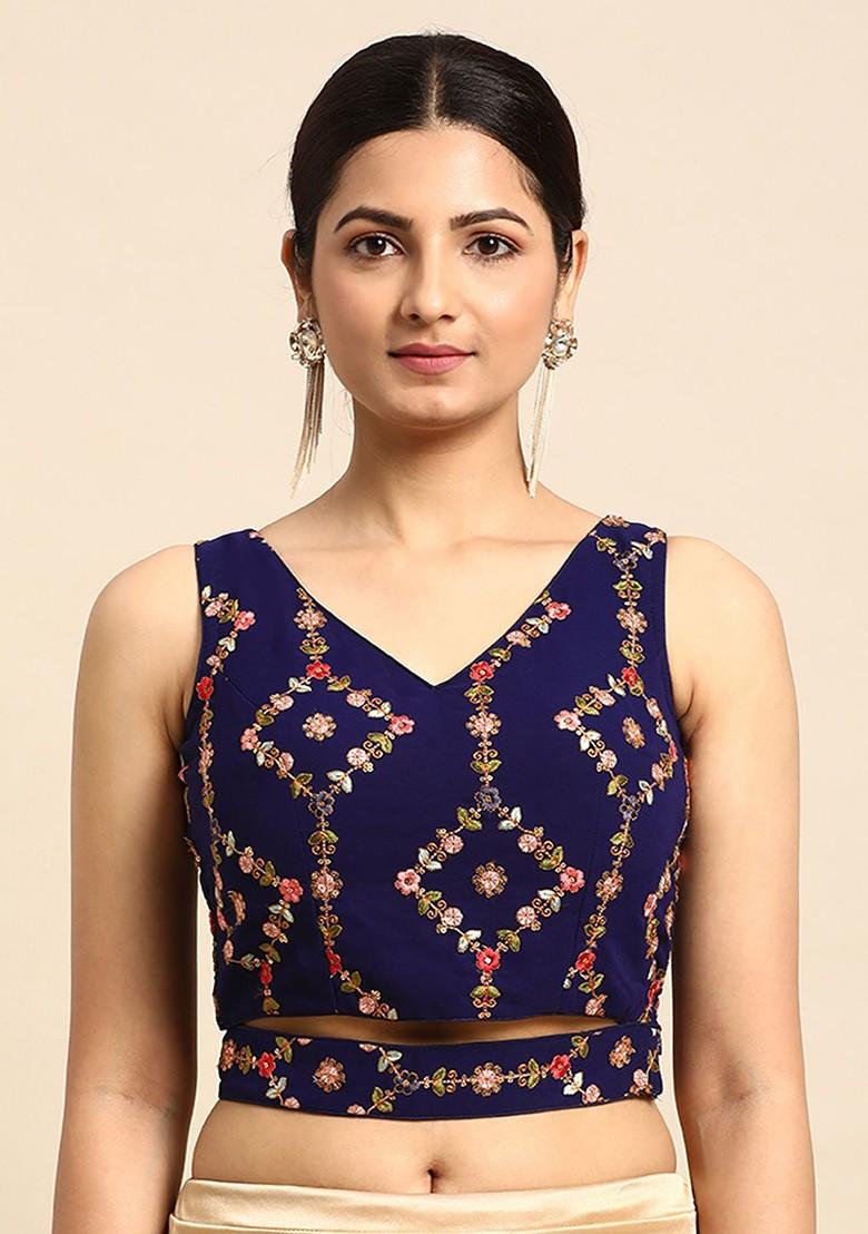 Blue Sequin Embroidered Poly Blend Blouse