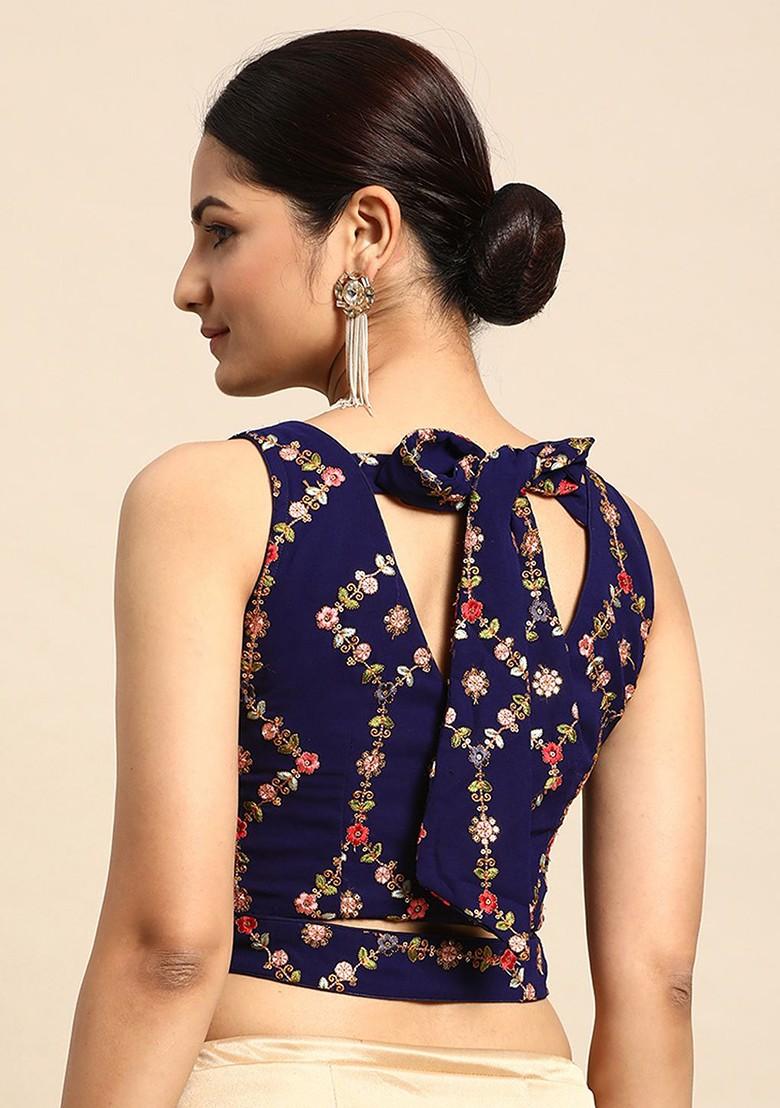 Blue Sequin Embroidered Poly Blend Blouse