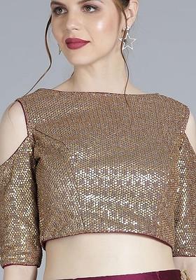 Golden Sequin Embroidered Poly Blend Blouse