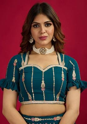 Blue Embroidered Poly Blend Blouse