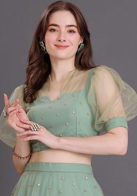 Green Sequin Embroidered Poly Blend Blouse