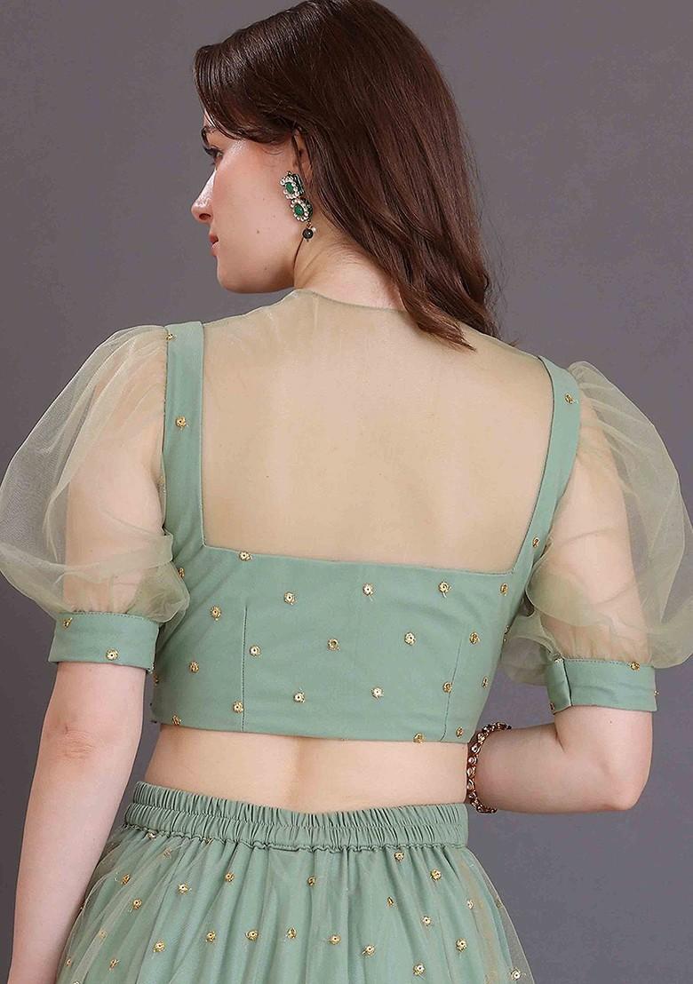 Green Sequin Embroidered Poly Blend Blouse