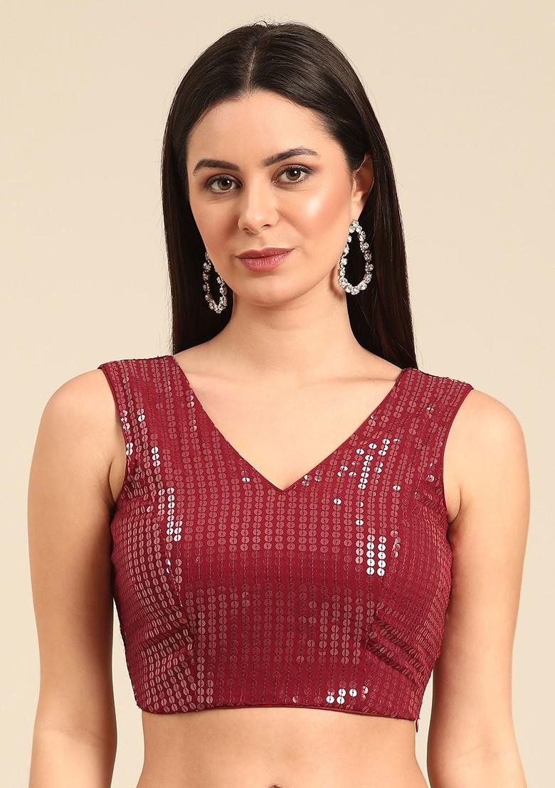 Maroon Sequin Embroidered Poly Blend Blouse