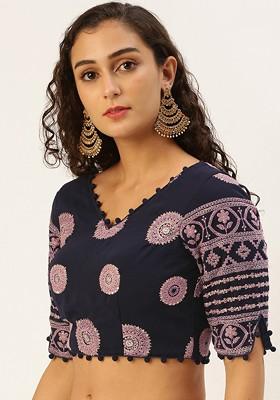 Navy Blue Sequin Embroidered Poly Blend Blouse