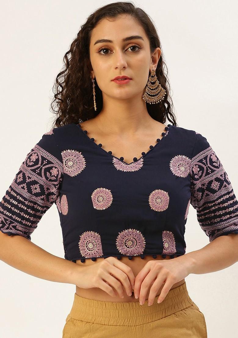 Navy Blue Sequin Embroidered Poly Blend Blouse