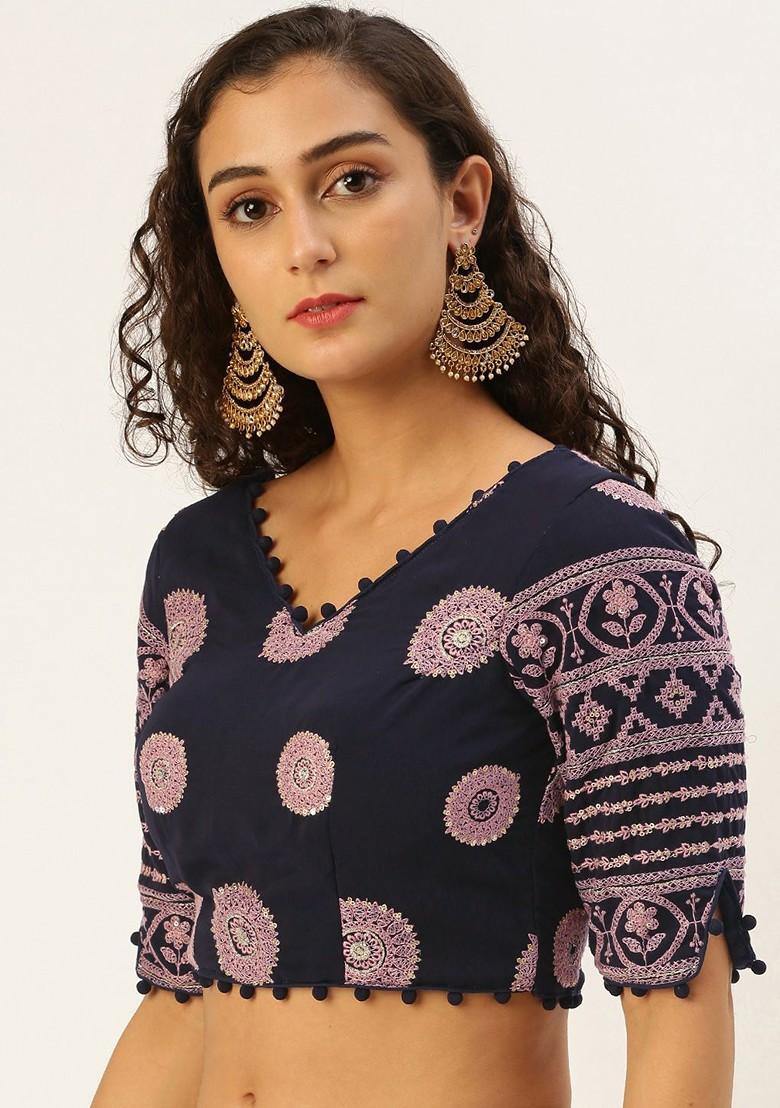 Navy Blue Sequin Embroidered Poly Blend Blouse