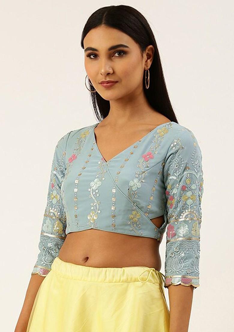 Blue Sequin Embroidered Silk Blouse