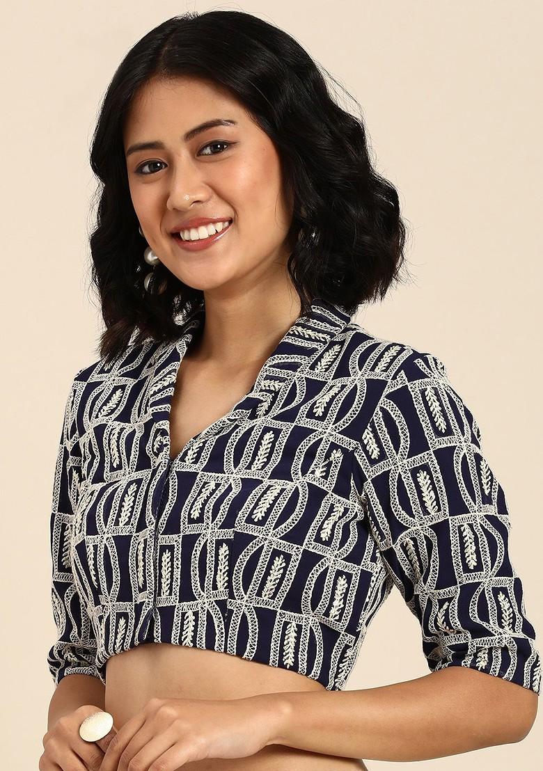 Navy Blue Thread Embroidered Georgette Blouse