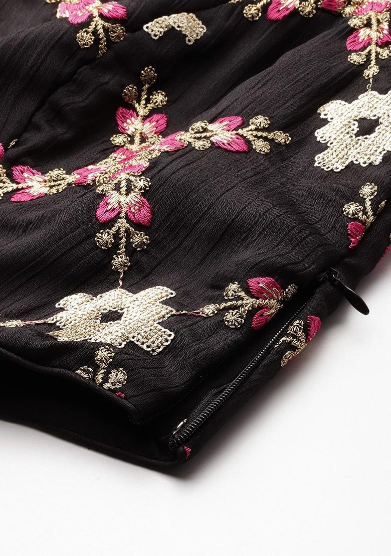 Black Sequin Embroidered Poly Blend Blouse