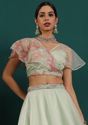 Green Sequin Embroidered Organza Blouse
