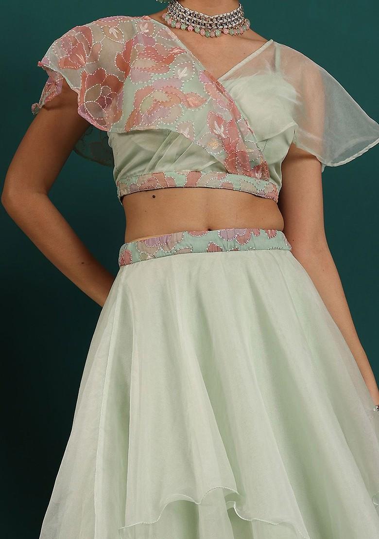 Green Sequin Embroidered Organza Blouse