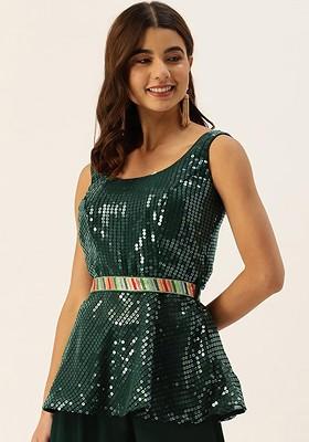 Green Sequin Embroidered Poly Blend Blouse
